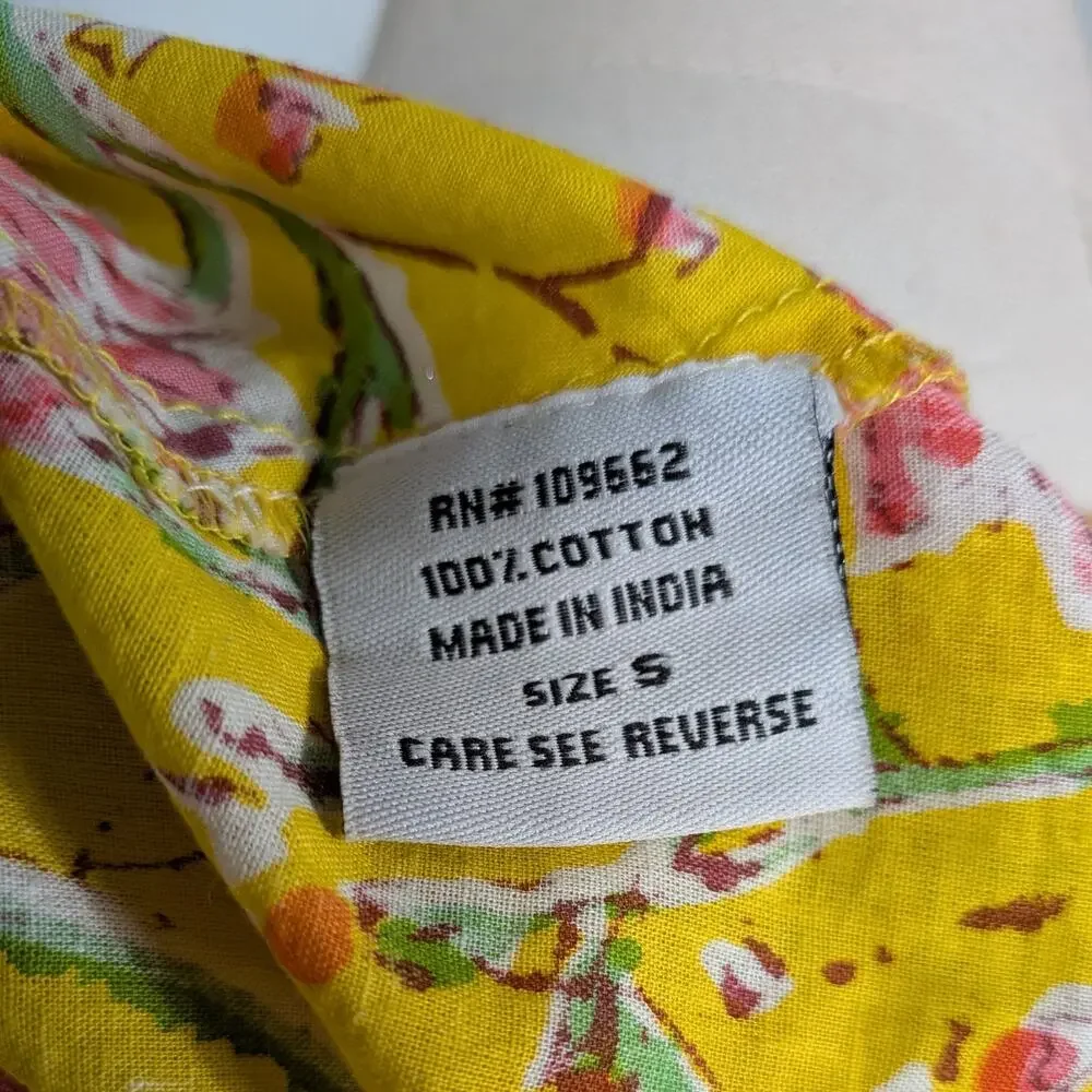 Floral Midi Shirt Dress S Yellow Pink Cotton India Sleeves Summer Church Empire